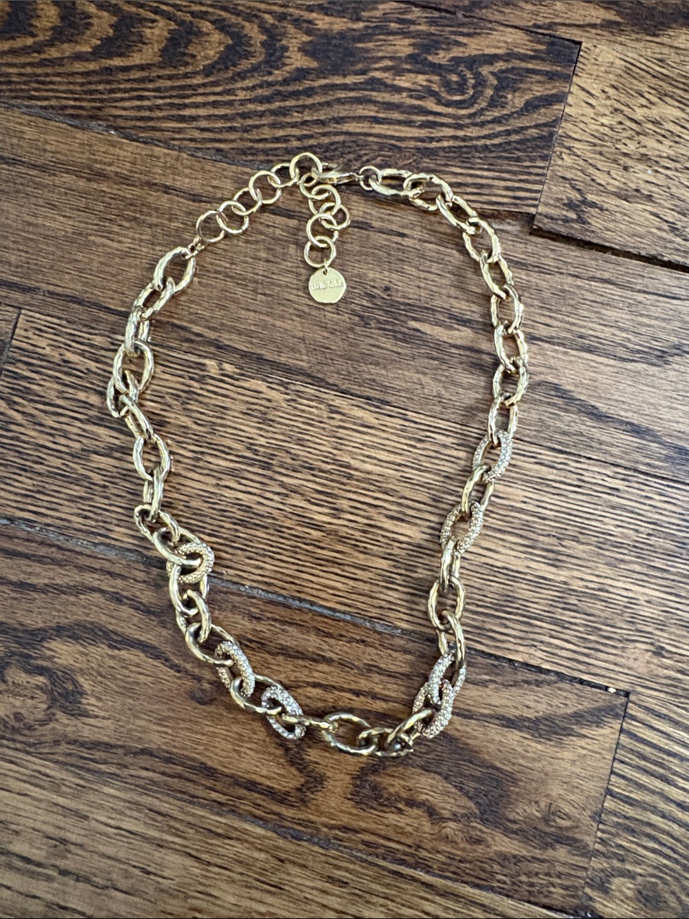 Stella & Dot Gold Textured Chain Link Statement Necklace Pave Crystal Accent